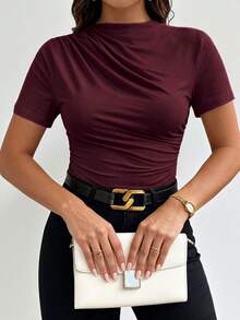 Elenzga Plus Size Women's Spring/Summer Solid Color Elegant Elastic Bodysuit, Asymmetric Design, Ruched Detail, Round Neck Short Sleeve, Versatile For Work And Everyday Wear - Burgundy - View 6