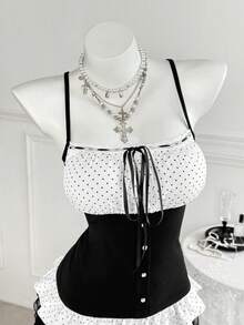 Sweetra Retro Nische Polka Punkt Patchwork Trägerhemd, schmeichelhaftes vielseitiges Crop Top mit süßem quadratischem Kragen und Puffärmeln, sexy minimalistisches schwarzes kurzes künstlerisches Polka Punkt Patchwork Trägerhemd für Frauen, Herbst - Schwarz und Weiss - Übersicht 5