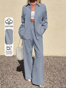DAZY Women's Casual Blue And White Stripe Stripe Pocket Shirt And Wide Leg Pants 2 Pieces Set, Autumn Vacation Vacation - Baby Blue - View 1