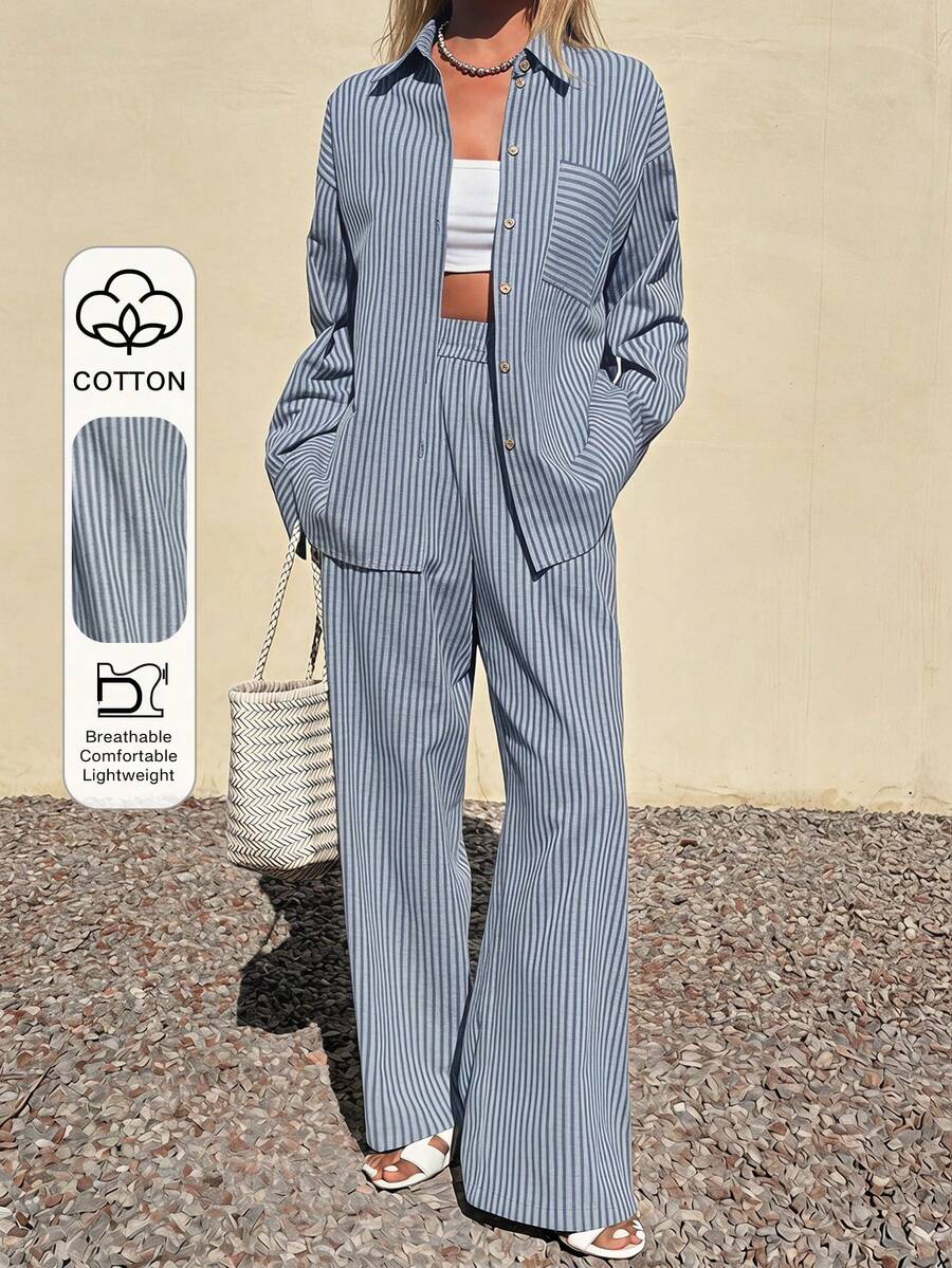 DAZY Women's Casual Blue And White Stripe Stripe Pocket Shirt And Wide Leg Pants 2 Pieces Set, Autumn Vacation Vacation - Baby Blue - View 1