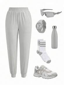 Cheerettes Women's Solid Color Elastic Waist Pocket Casual Jogger Pants - Grey - View 1