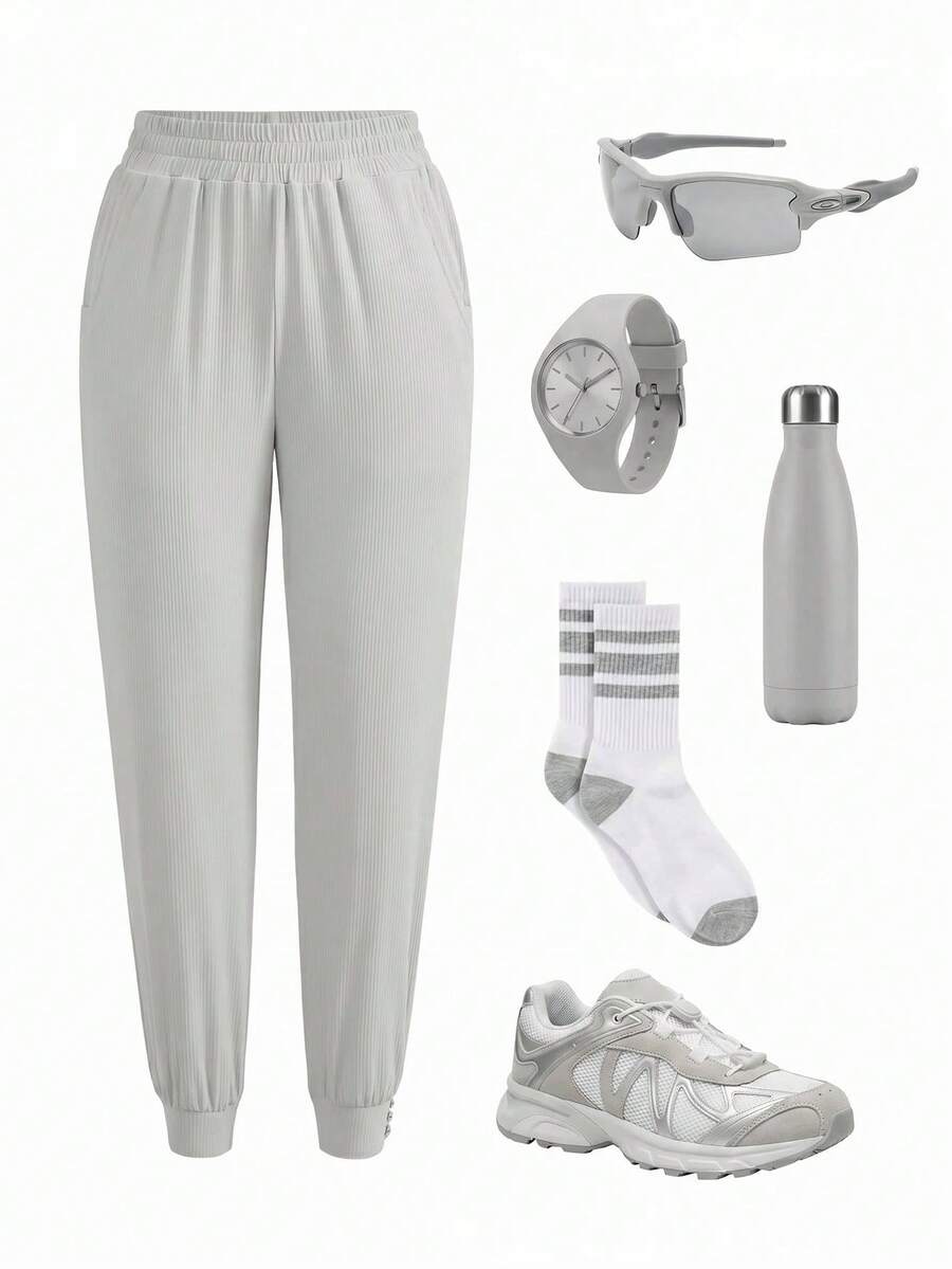 Cheerettes Women's Solid Color Elastic Waist Pocket Casual Jogger Pants - Grey - View 1