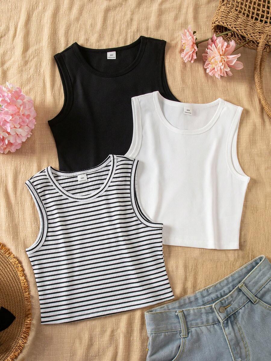 SHEIN Sparklyn 3件装少女夏季背心,黑白条纹多色上衣,柔软质感面料上衣,白色上衣 - 彩色 - 查看 1