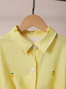 SHEIN 青少年女孩條紋檸檬刺繡休閒百搭日常穿著襯衫 - 黃色 - 查看 4