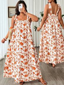 SHEIN Clasi Plus Size Women's Brown Summer Boho Tea Party Holiday Elegant Digital Printing Spaghetti Strap Tie-Up A-Line Midi Dress Vacation Daily - Burnt Orange - View 7