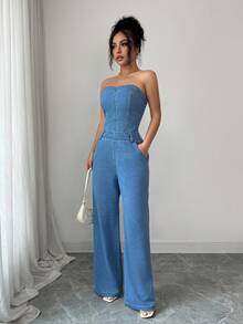 Selianne Women's Metal Single-Breasted Vest And Pocket Jeans Casual Suit - Blue - View 4