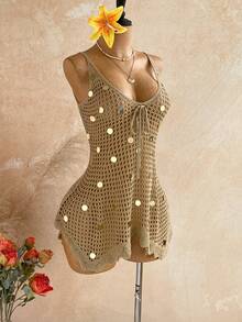 Soleia Women's Vacation Sequin Design Front Tie Hollow Out Camisole Dress - Multicolor - View 4