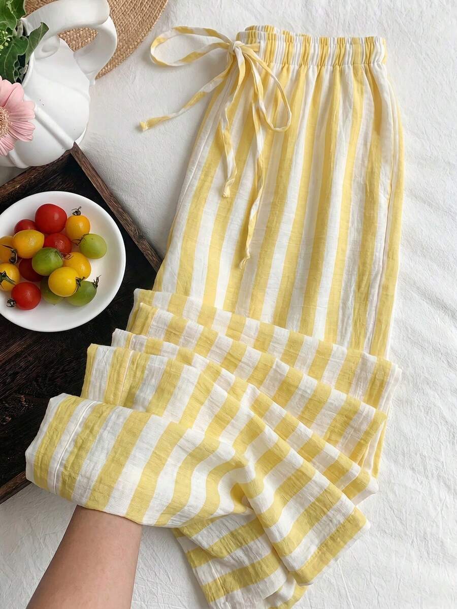 SHEIN EZwear 女士休闲抽绳腰直筒条纹裤 - 黃色 - 查看 1