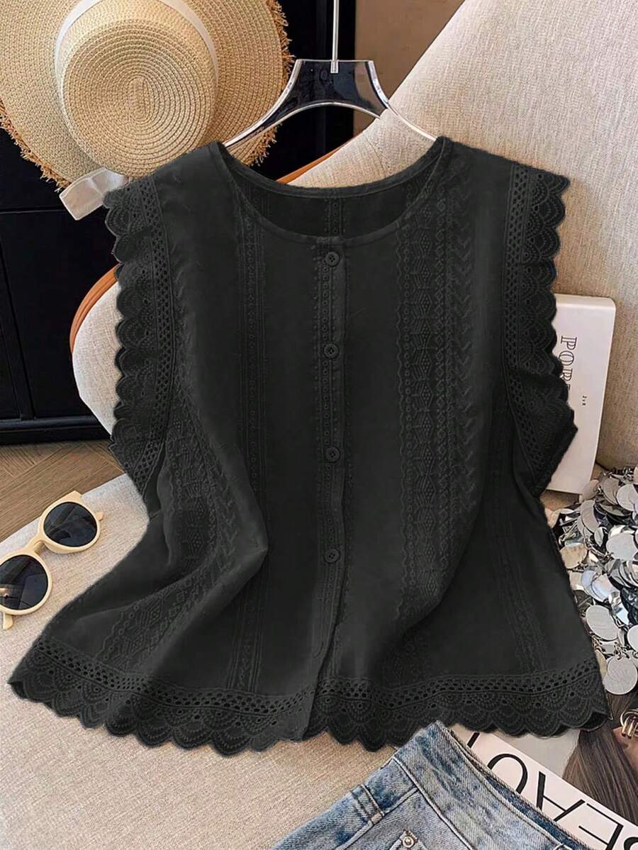 GlowEve Women's Solid Color Round Neck Single-Breasted Casual Shirt - Black - View 1
