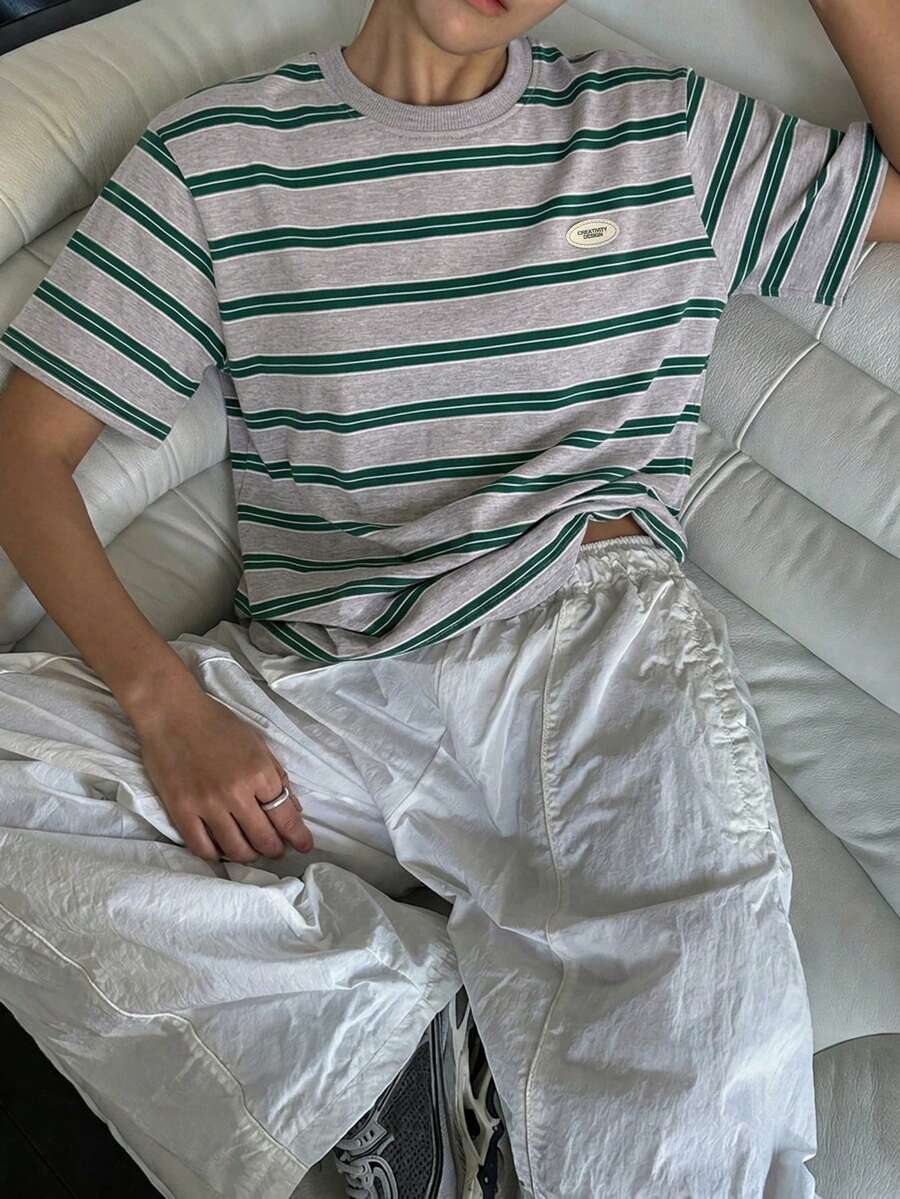 DAZY 休閒運動夏季上衣,女款配色條紋寬鬆短袖圓領T恤 - 灰色 - 查看 1