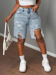 SHEIN Mädchen Große Tween Mädchen 3D Strass Dekorierte Blaue Denim Lockere Distressed Shorts - Blau - Übersicht 4