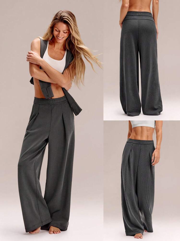 Modal Ribbed Wide-Leg Built-In Adjustable Drawstring Waist Active Pants With Side Pockets Daily Casual Wear  Spring Summer