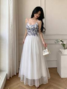 Celisse Spring/Summer New Floral Print Spaghetti Strap Dress, Women's Summer Mesh Patchwork Vacation Dress, Design Sense Fitted Dress - Multicolor - View 5