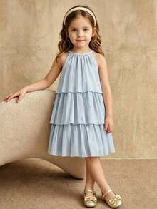 SHEIN Young Girl Cute Sweet Multi-Layer Ruffle Hem Round Neck Sleeveless Dress - Blue - View 4