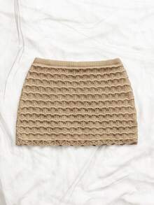 Soleia Women's Summer Vacation Hollow-Out Knit Cover Up & Skirt Set - Khaki - View 4