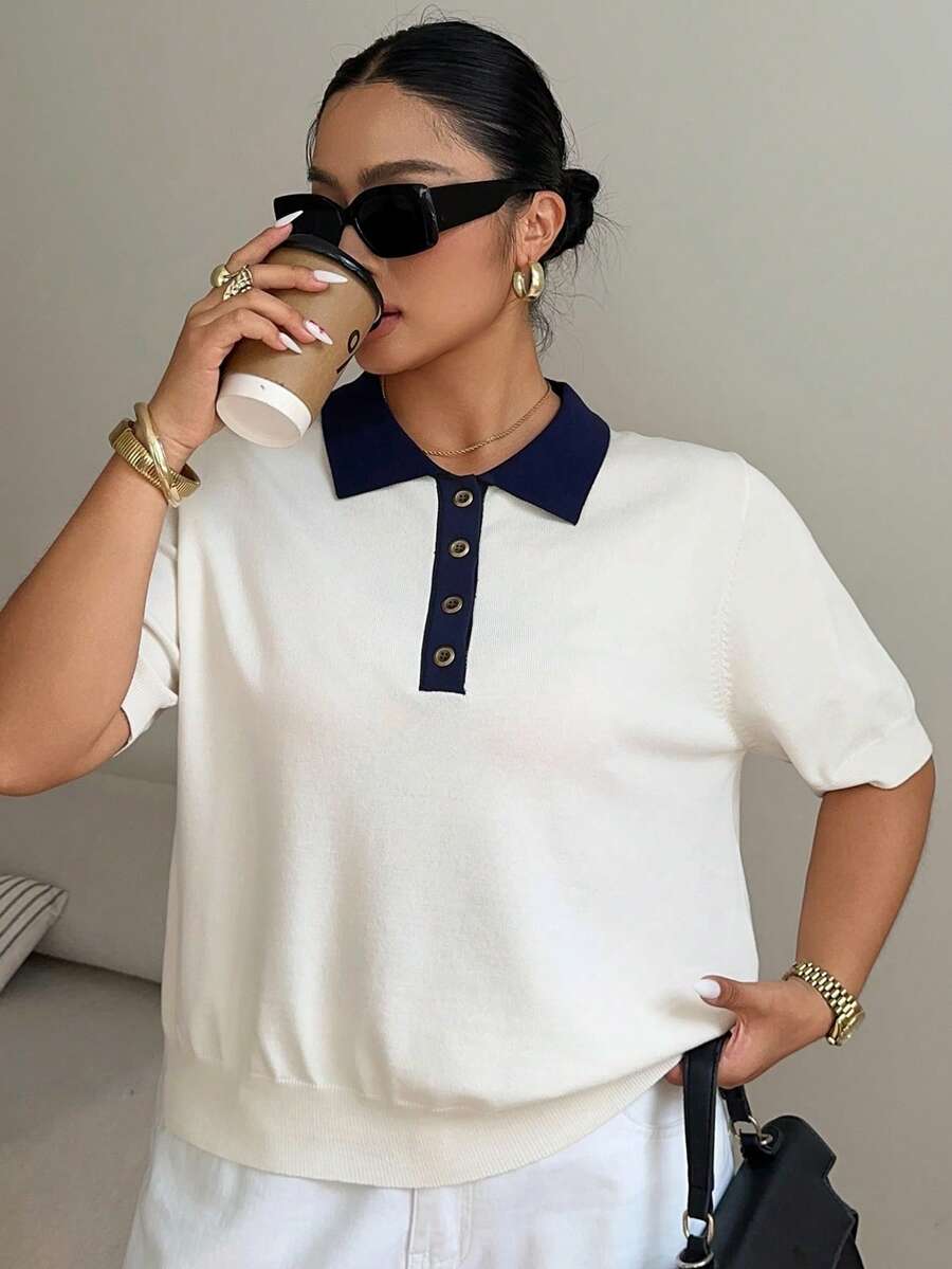 Dazy Plus 拼接撞色翻领短袖休闲度假轻薄针织衫,大码女款春夏百搭针织上衣 - 杏色 - 查看 1
