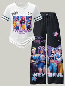 Genkimix Kids 2件組青少年女孩套裝，數位印花技術，粉紅色上衣印有「NOVA BEAT」字母與星星裝飾卡通女孩，圓領短袖T恤 + 寬鬆休閒寬腿褲，整體運動休閒風格，適合日常穿著、學校活動，春夏季節 - 彩色 - 查看 3