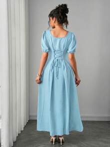 Momance Asymmetric Shoulder Ruched Waist A-Line Elegant Romantic Maternity Dress, Comfortable - Baby Blue - View 2
