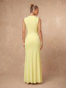 Lumalex Lemon Yellow Sleeveless Knit Maxi Dress With Draped Boat Neck Side Ruched Waist Cascading Ruffle Front Slit And Back Seam, Spring Summer Luxury Dress - Light Yellow - View 9