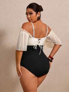 Elaquor Traje de baño de una pieza con bloques de color, encaje y hombros descubiertos para tallas grandes - Negro - Ver 2