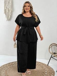 SHEIN CURVE+ 女款優雅柔軟修身休閒正式通勤早午餐辦公室純色襯衫與長褲兩件套大尺碼夏季服飾黑色度假風 - 黑色 - 查看 9