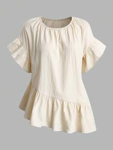 EMERY ROSE Apricot Casual Solid Color Ruffle Hem Blouse For Middle-Aged, Spring/Summer - Apricot - View 3