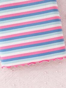 Young Girl Knitted Striped Round Neck Fitted Casual Dress - Hot Pink - View 5