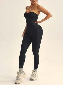 SHEIN Sports 女款無縫露背緊身連身褲 無縫塑身連身褲 壓縮塑形運動連身褲 腹部收緊運動裝 - 黑色 - 查看 10