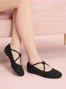 CUCCOO DOLLMOD Women's Shoes, Black, Suede, Cross-Strapped Mary Jane Shoes, Round Toe, Slip-On, Retro Ballet Commuter Dating Flats - Black - View 2