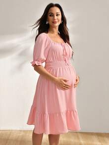 SHEIN 孕婦休閒純色短袖洋裝 夏天穿搭 - 粉色 - 查看 6