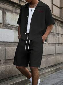 PAVTROS Men's Letter Embroidered Casual Shirt And Shorts Set - Black - View 2