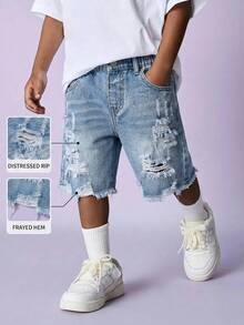 SHEIN Young Boy New Fashion Distressed Casual Basic Ripped Frayed Loose Fit Blue Denim Jeans Shorts Spring Summer,For Kids Boys Spring/Summer Dailywear,Boys Streetwear,Beach Vacation For Boys,Boys Summer Boho,Casual For Boys ,Graphic Jeans Boys, Shorts,4-Year-Old Boys Short,Summer Short,Casual Short - Light Wash - View 3
