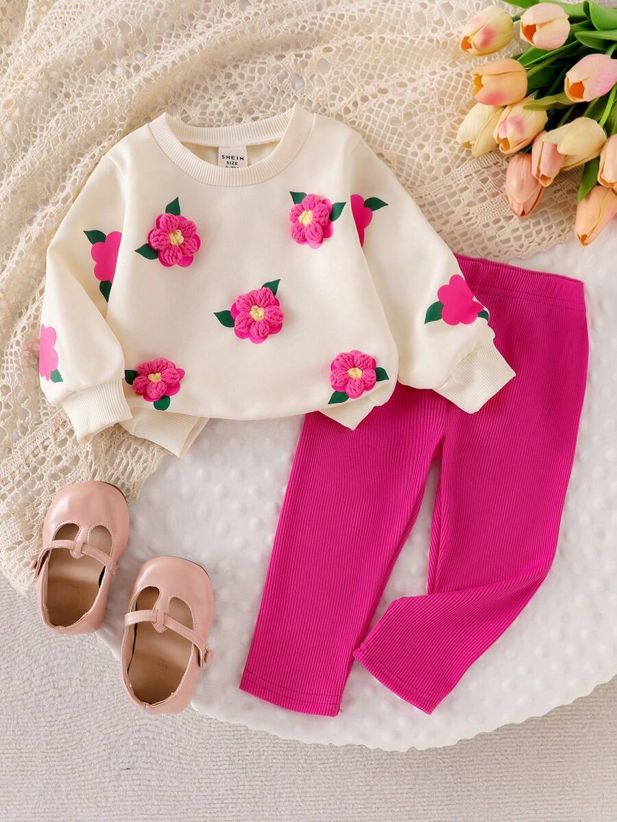 SHEIN Playful Pals 女婴休闲可爱运动衫套装,3D 钩针花卉印花套头衫和针织紧身裤,秋季 - 杏色 - 查看 1