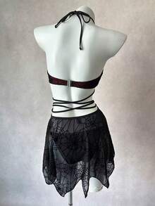 ROMWE Women's Gothic Goth Dark Style Backless Criss-Cross Spider Web Textudark Red Fabric Halter Bikini 3-Piece Swimwear Set, Autumn Beach Party - Burgundy - View 9