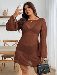 Enliva Đầm ôm dáng xòe tay loe hở lưng màu nâu, chất dệt kim mỏng nhẹ xuyên thấu, phong cách Boho hiện đại đô thị Y2K retro sexy cho nữ size lớn, đi biển nghỉ dưỡng - màu nâu - Xem 4