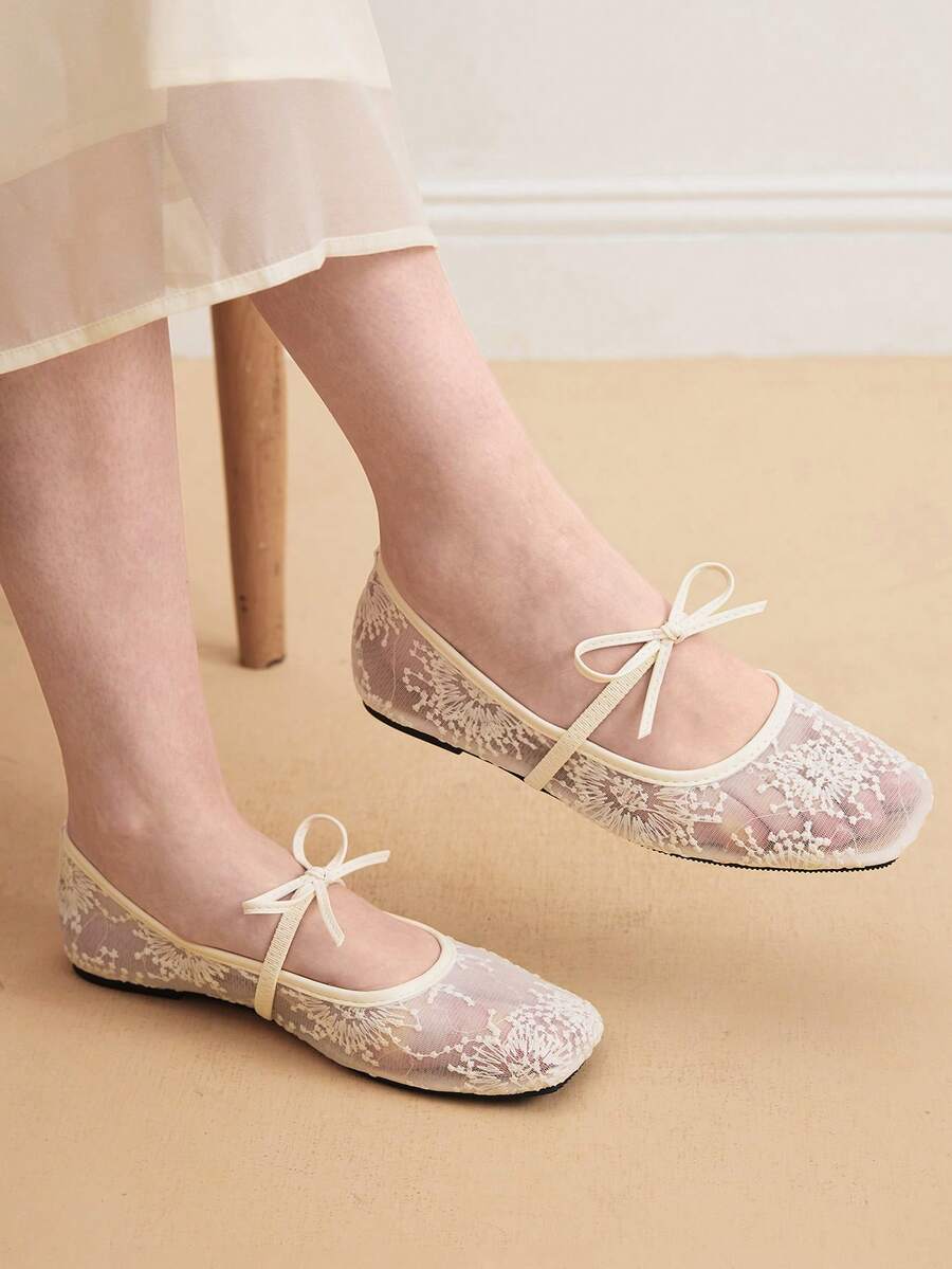 Eladyva Women's White Ballet Flats With Bow Decor, Flower Embroidery, Breathable Mesh Vamp, Square Toe, Suitable For Wide Or Plump Feet, Summer Mary Jane Shoes