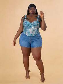 CurvyTilda Plus Size Women Floral Print Asymmetric Hem Camisole, Going Out Tops Casual, For Hourglass Body Shape Vacation Summer - Blue - View 4