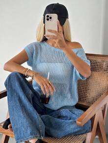 SHEIN EZwear 女款純色極簡休閒鏤空不對稱單肩針織衫 度假淺藍色夏季款 - 天藍色 - 查看 3
