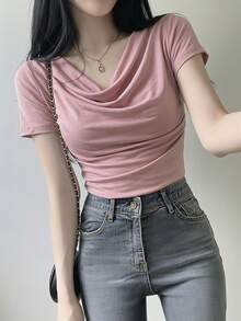 DAZY 春夏款粉色垂領女款短袖T恤，收腰設計，優雅休閒度假風，適合情人節、婚禮、通勤穿搭 - 粉色 - 查看 2