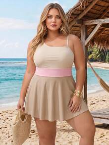 SHEIN CURVE+ 大尺碼女款 2件組對比色抓皺單肩泳衣附沙灘罩衫，適合夏季海灘度假 - 彩色 - 查看 5