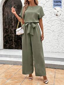 SHEIN Clasi Women's Vacation Solid Color Round Neck Batwing Short Sleeve Wide Leg Jumpsuit - Khaki - View 6