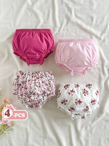SHEIN Vintaside Kids 4 pièces/set Shorts fleuris rose et rose clair doux pour bébé fille, style minimaliste de campagne, coupe ample, convient pour le jeu en extérieur, le confort à la maison, facilement adaptable à diverses occasions de fête, été - Multicolore - Voir 4