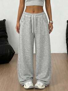 SHEIN Pantalones de chándal de cintura media cómodos y minimalistas con cordón decorativo de contraste de color para niñas preadolescentes, otoño/invierno - Gris - Ver 1
