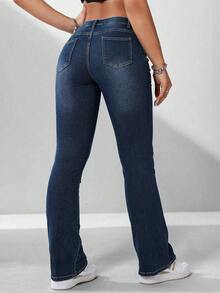 SHEIN ICON Plus Size Women Street-Style Vintage Dark Blue Elastic Jeans - Dark Wash - View 2
