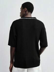 ROMWE MEN Men's Cable Knit Polo Shirt - Black - View 2