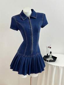 Elamini Plus Size Women's Autumn Navy Blue Denim Elastic Bodycon Dress Back-To-School Graduation 90s Casual Formal - Dark Wash - View 4
