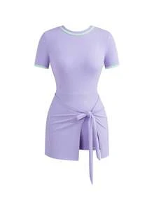 SHEIN Cheerettes فستان رياضي للنساء بتصميم عقدة وياقة مستديرة وأكمام قصيرة بلون متباين - ارجواني فاتح - مشاهدة 5