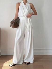 DAZY Bộ jumpsuit dài dáng rộng, không tay, cổ chữ V, thắt eo bên hông, thanh lịch, phong cách thành thị hiện đại dành cho nữ. - trắng - Xem 3