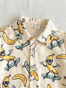 SHEIN 1pc Young Boys' Casual Vintage Banana Printed Short Sleeve Shirt,Soft Comfortable Collegiate Fashion For Summer,Matching,Family Vacation,Daily Wear - Multicolor - View 3