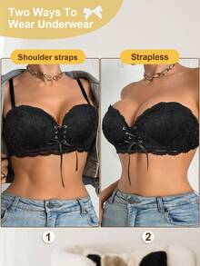 DesireSculpt 1pc Women's Wireless Lace Padded Bra, Comfortable Supportive, White Summer Sequin - Black - View 5